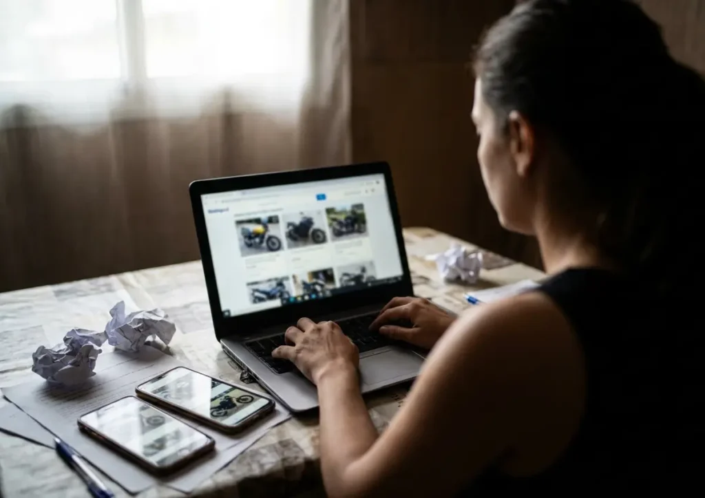 Mulher de costas digitando em notebook com celulares e fotos de motos sobre a mesa