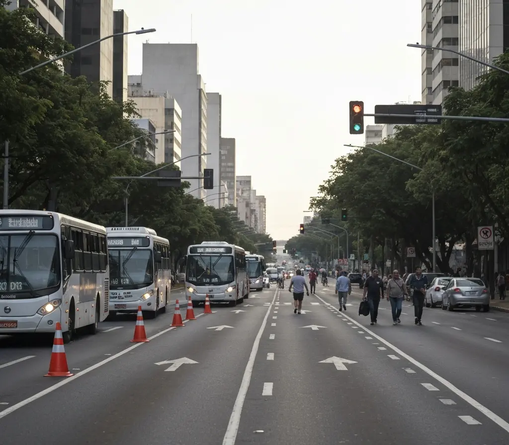 Marechal afirma pagamento de salários; mobilidade em Brasília afetada Avenida de Brasília com ônibus parados e passageiros de costas, vista ampla.