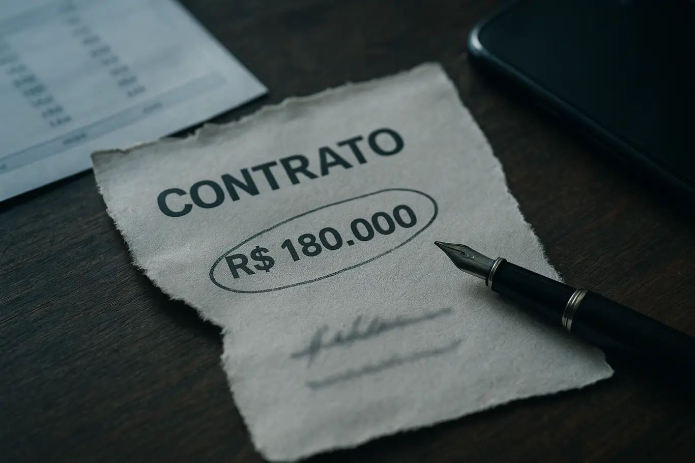 Close em contrato rasgado com valor R$ 180.000 e caneta sobre mesa