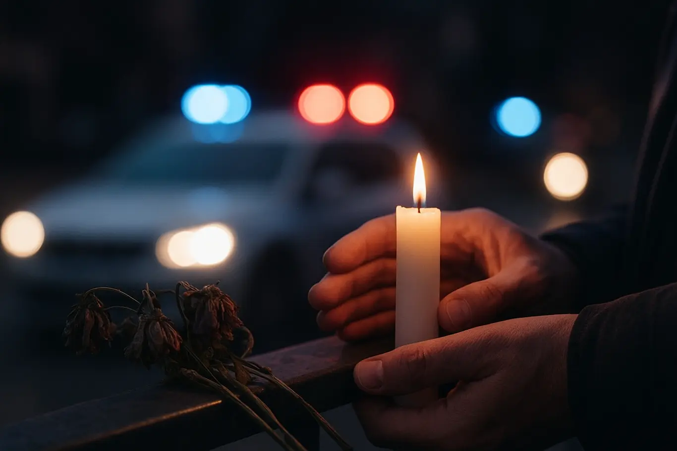 Close-up de vela acesa e flores murchas em vigília, com luzes desfocadas de viaturas ao fundo, mãos vistas de lado.