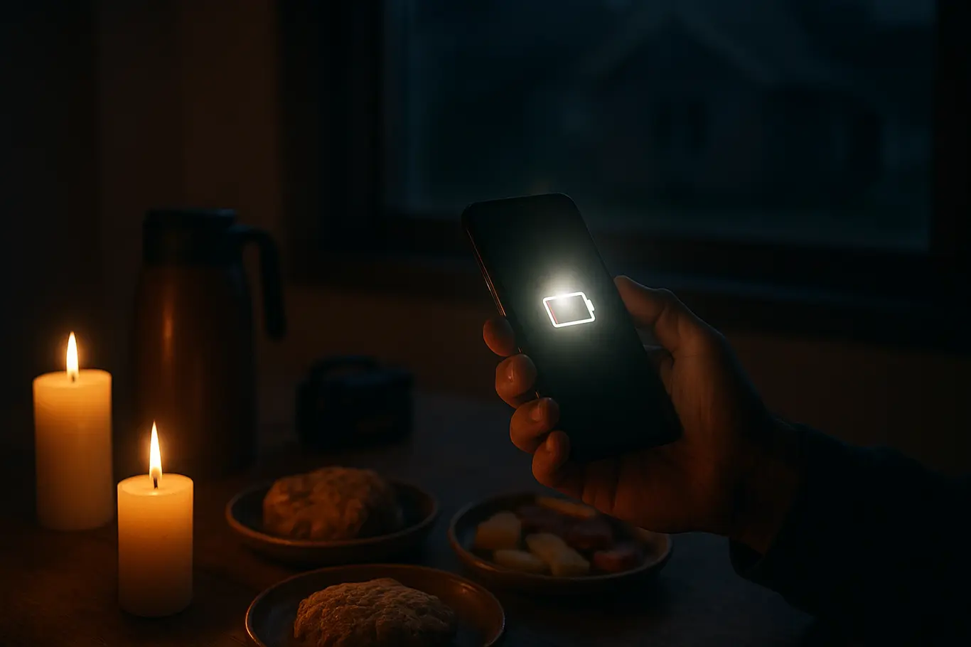 Mãos segurando celular com lanterna ligada e bateria baixa, velas acesas sobre mesa, janela mostra fachadas sem luz.