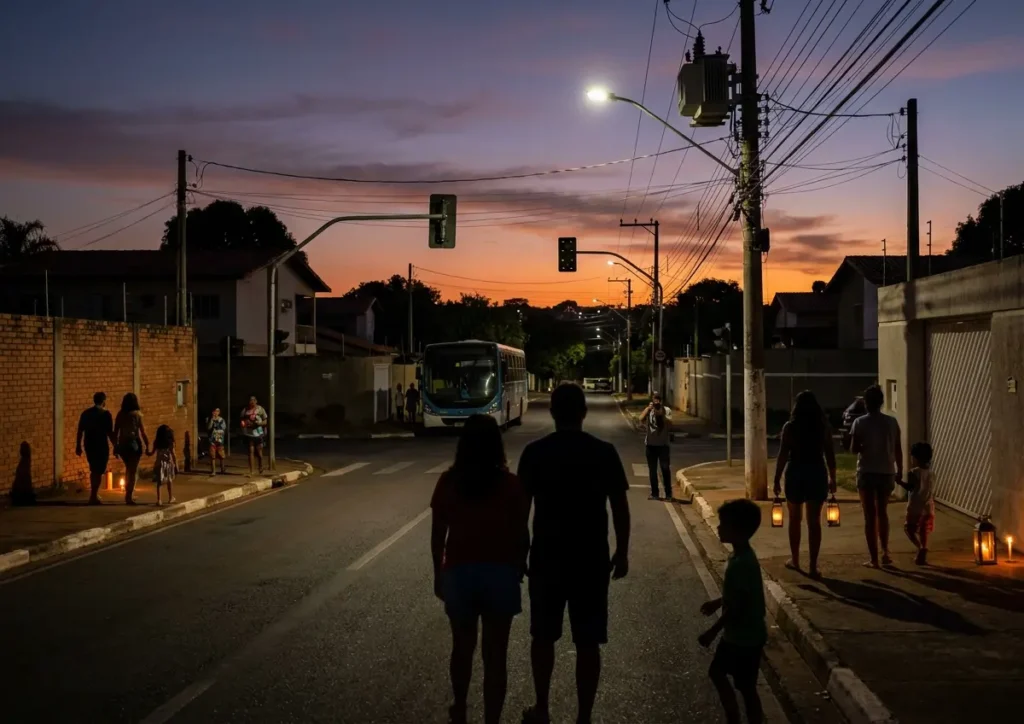 Rua residencial em Lago Norte sem energia ao entardecer, casas e postes às escuras, pessoas em silhueta com lanternas e velas.