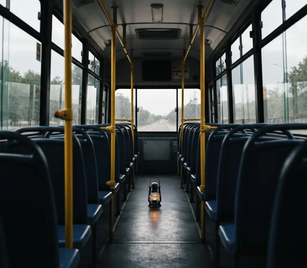 Mala lacrada com ossada em ônibus alerta para falhas na segurança do DF Mala velha lacrada no corredor de um ônibus com selo policial visível, policial de costas verificando discretamente.