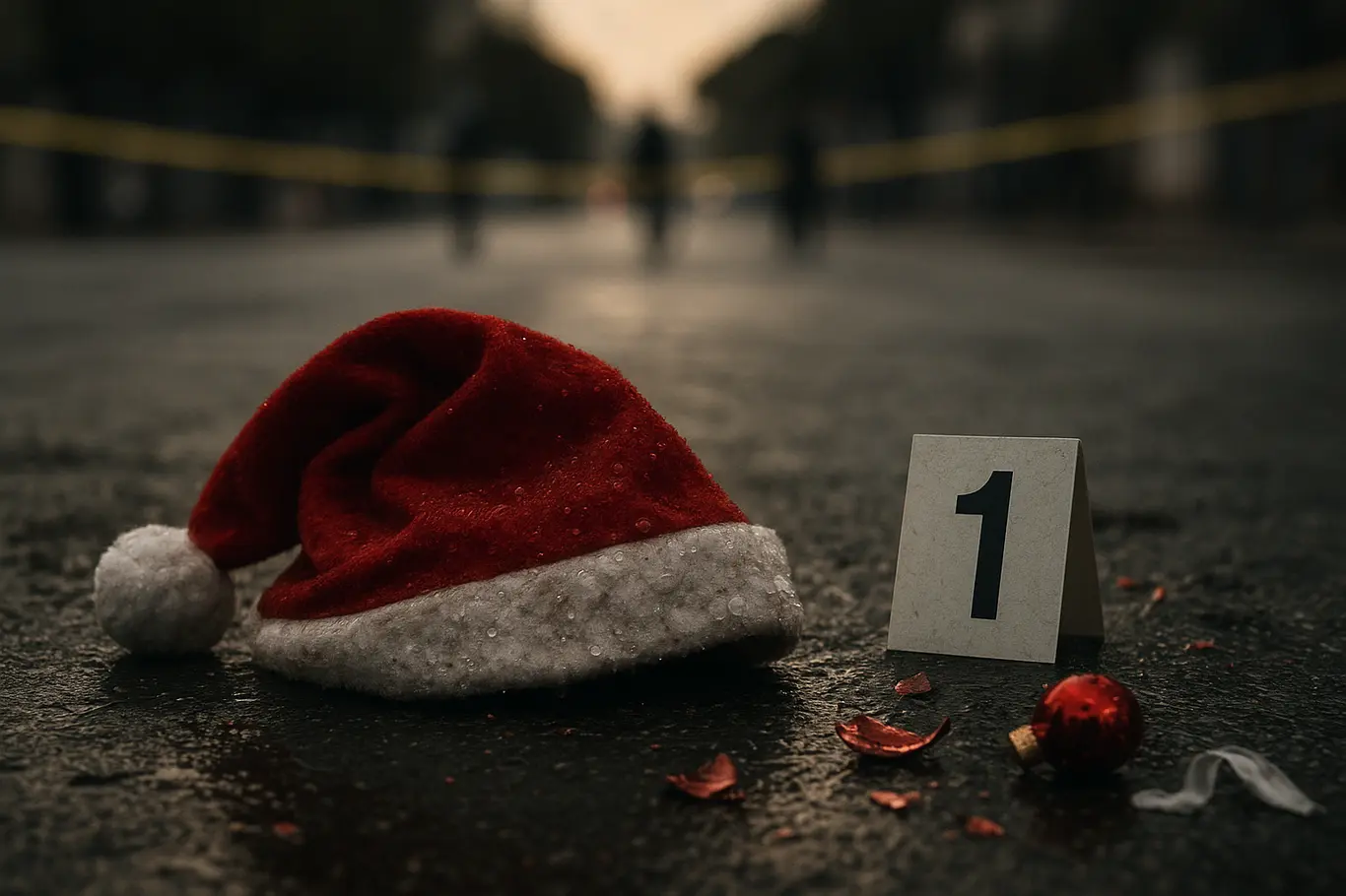 Gorro vermelho de Papai Noel abandonado no chão próximo a placa de evidência e fita de isolamento