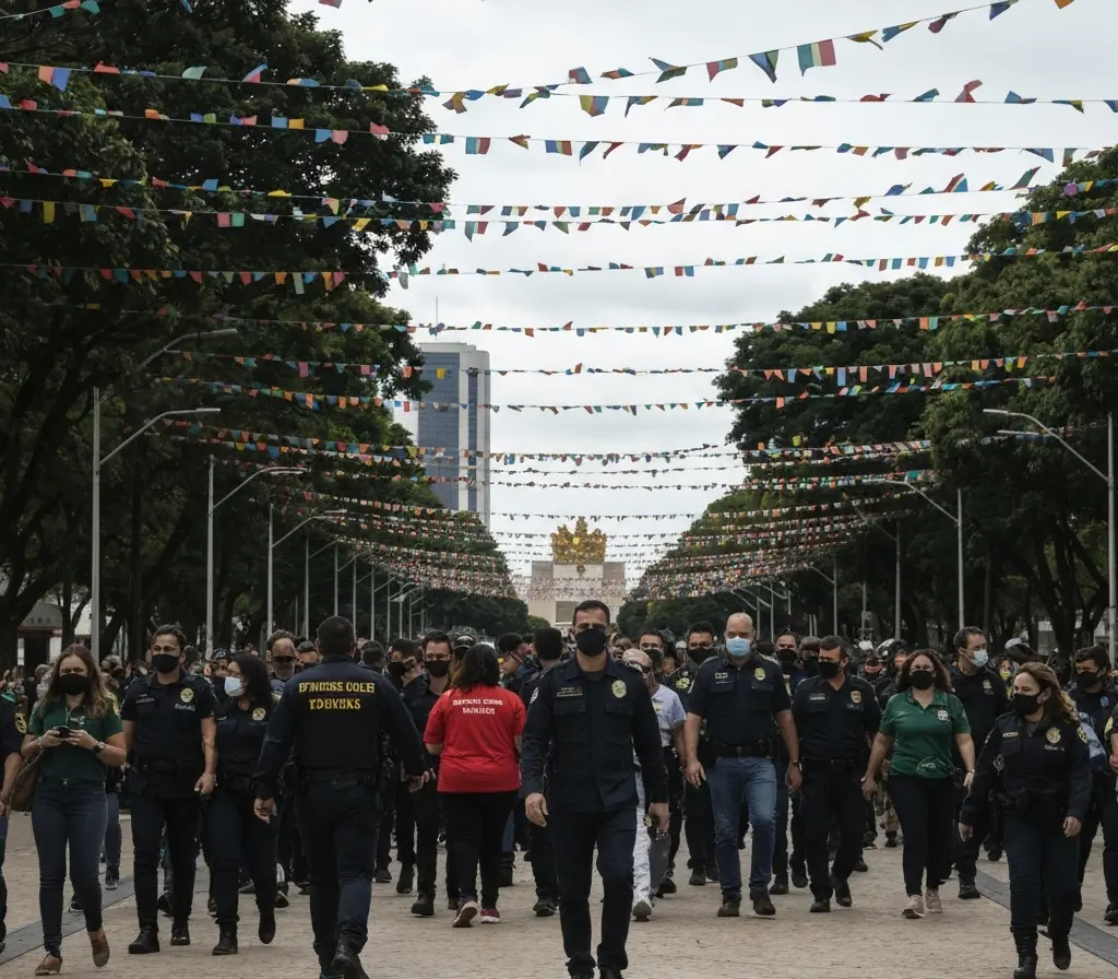 Petistas e bolsonaristas invertem posições; Brasília vive alerta por atos Dois grupos de manifestantes opostos na Esplanada dos Ministérios, rostos não identificáveis.