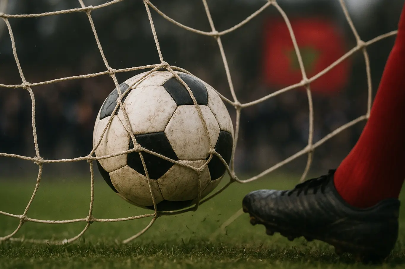 Bola presa na rede após o chute, chuteira e relva em destaque, torcida desfocada ao fundo