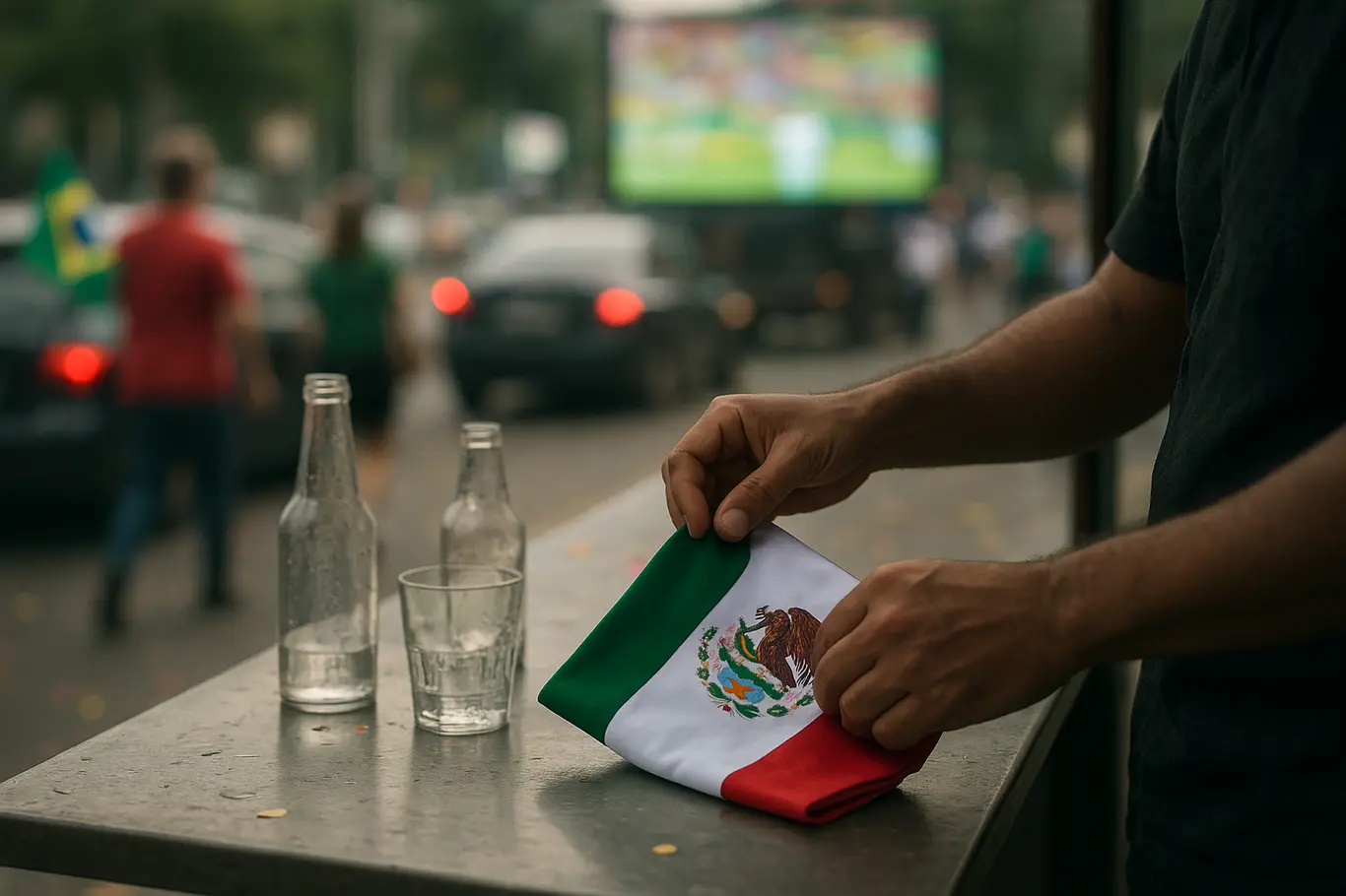 Close nas mãos de vendedor dobrando pequena bandeira do México em balcão de bar de rua, com reflexo de telão ao fundo