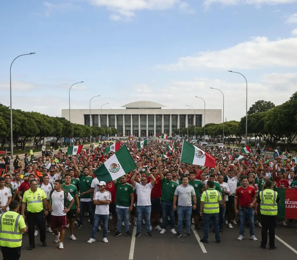 México vence partida inaugural e estreia da copa altera rotina em Brasília Torcida mexicana comemorando na Esplanada dos Ministérios em Brasília vista de costas, com bandeiras e confetes