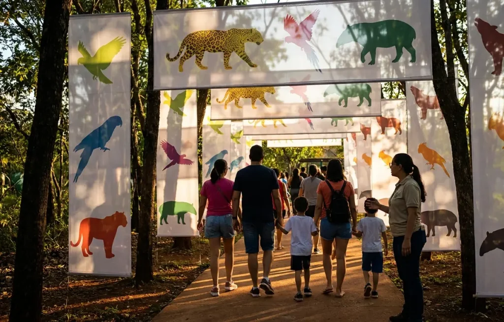 Trilha imersiva com painéis translúcidos e visitantes de costas no Zoológico de Brasília