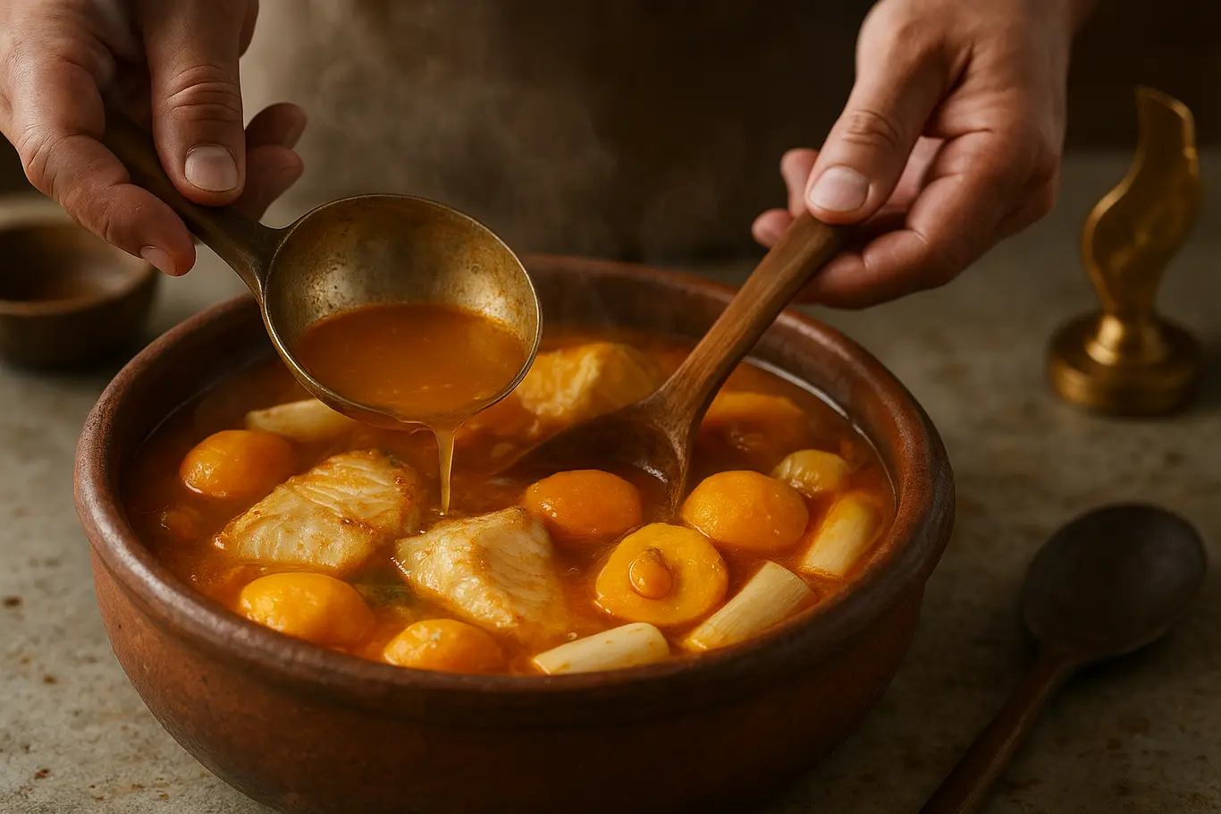 Close-up das mãos do chef servindo moqueca do Cerrado com concha, detalhes dos ingredientes e troféu desfocado ao fundo
