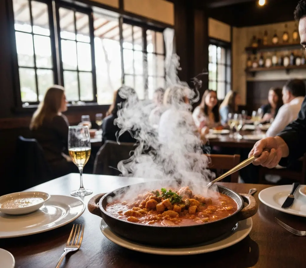 Bistrô Fênix vence Fica Gastronômico com moqueca do Cerrado e movimenta DF Moqueca do Cerrado servida em panela de barro no bistrô, chef de perfil apresentando o prato, clientes desfocados ao fundo