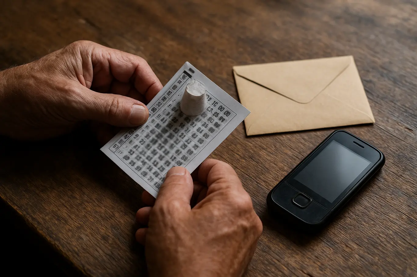 Close das mãos segurando bilhete de loteria e envelope sobre mesa de madeira