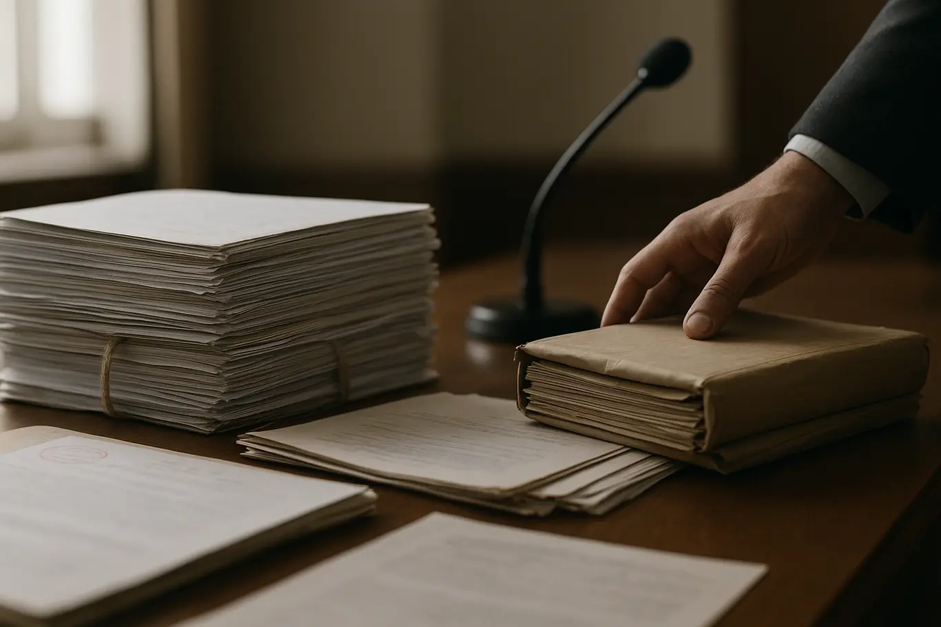 Detalhe de processos e pastas em balcão de tribunal com microfone desfocado ao fundo
