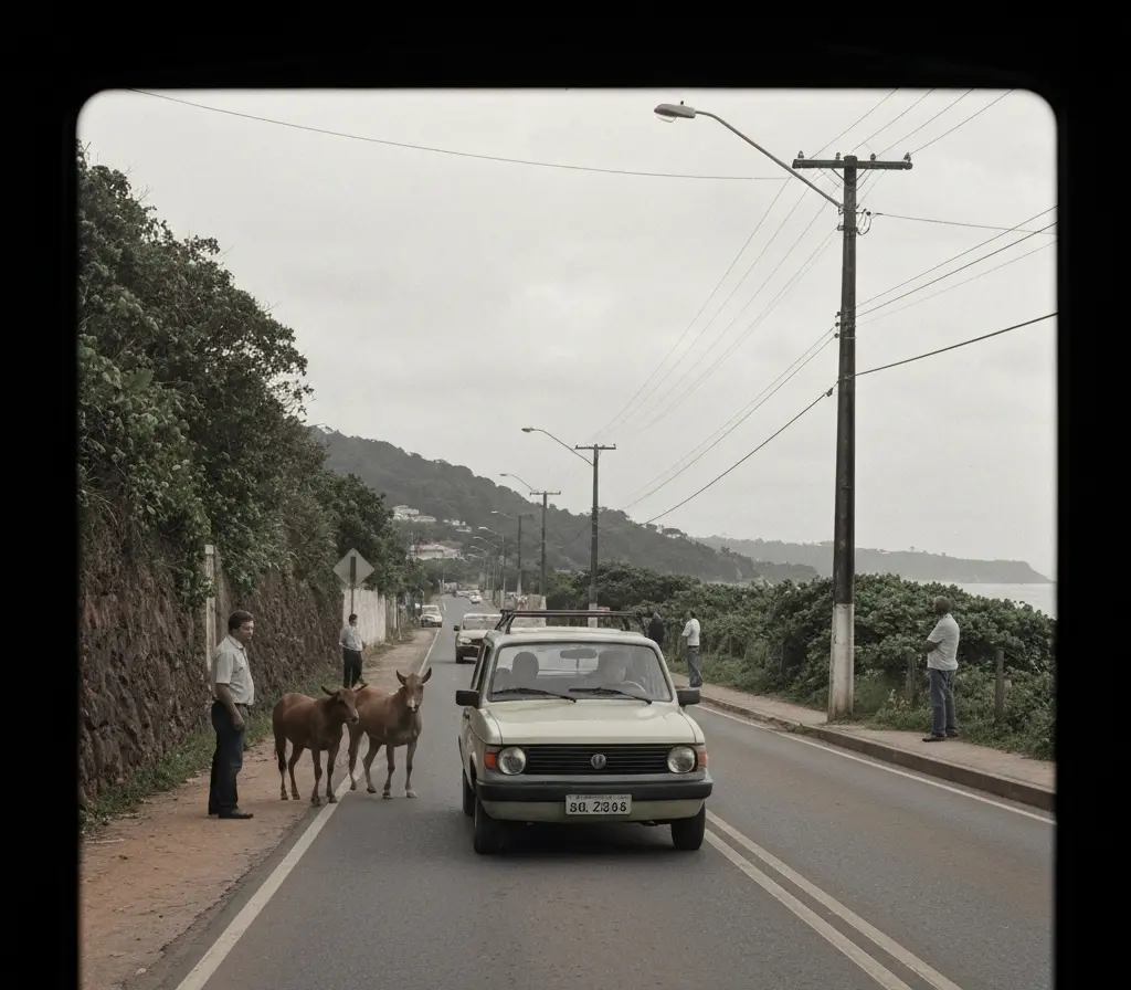 Motorista escapa ileso após carro atingir animais em São Sebastião Carro parado com dano frontal na estrada e pessoas observando de costas.