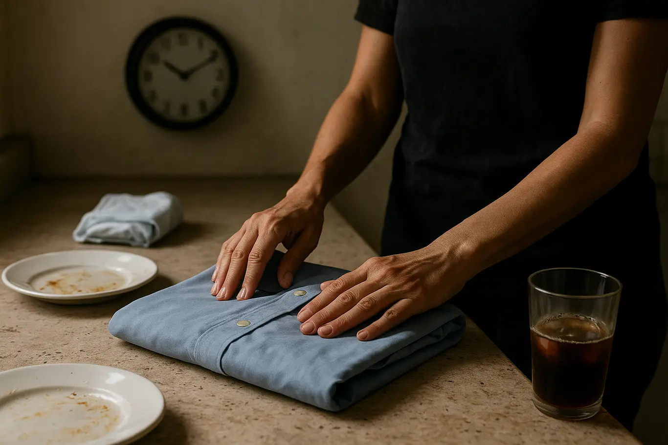 Close-up das mãos dobrando roupas na bancada da cozinha, com pratos e fralda ao redor
