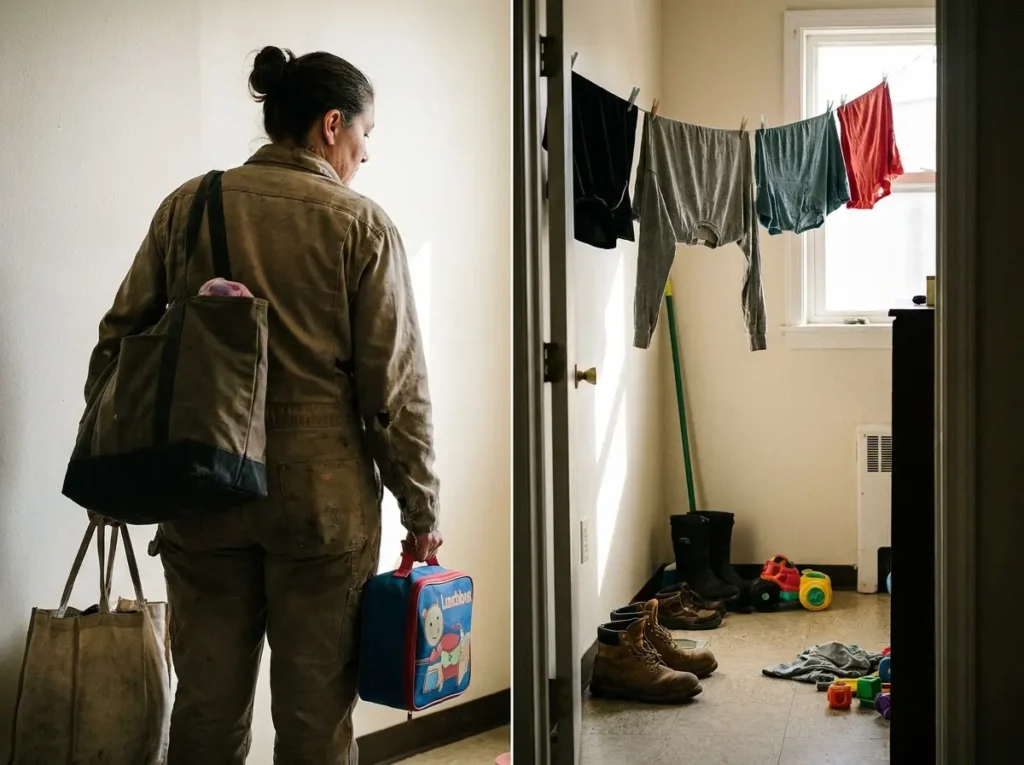 Mulher vista de costas na entrada de apartamento, segurando bolsa e lancheira, varal e brinquedo ao fundo
