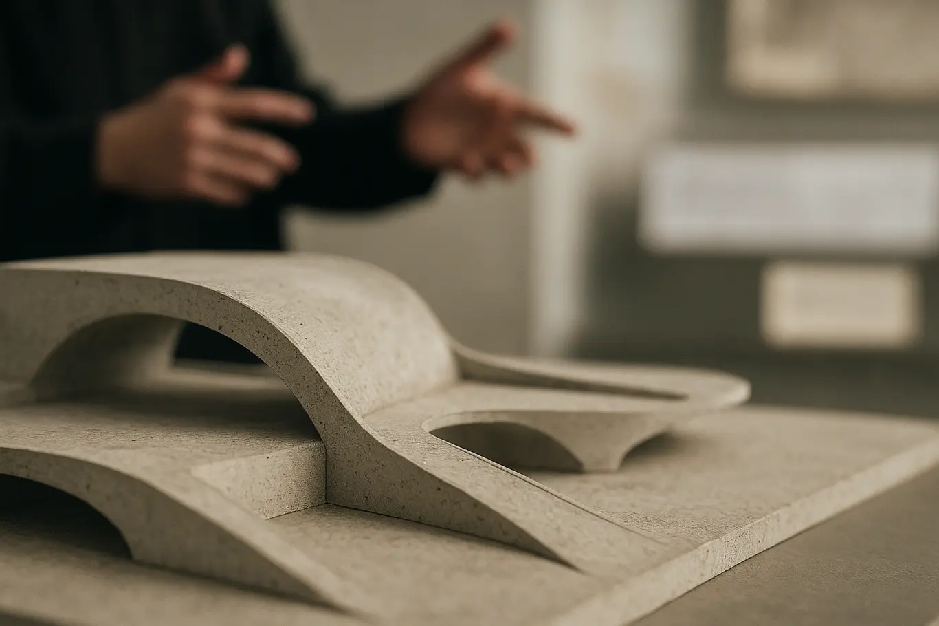 Close de maquete arquitetônica com curvas típicas de Niemeyer e mãos desfocadas ao fundo