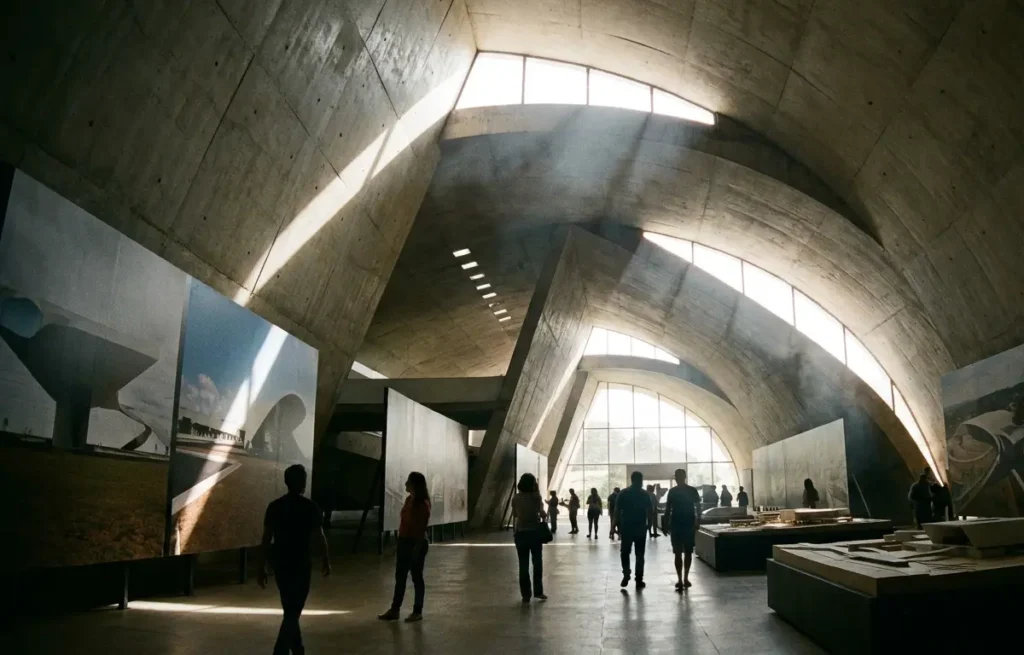 Interior da exposição com curvas de concreto e visitantes de costas observando painéis