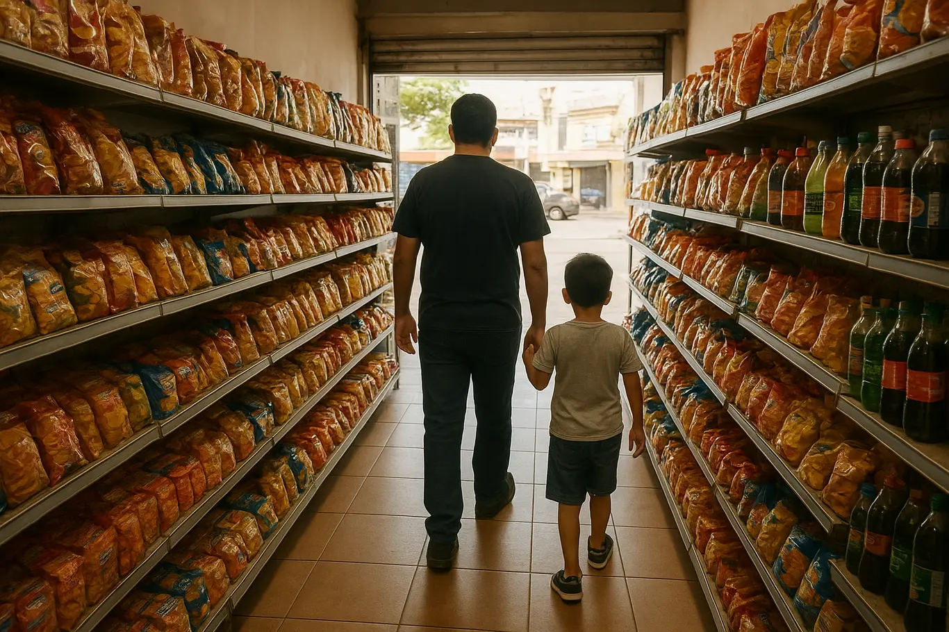 Prateleiras de mercado com produtos ultraprocessados e clientes de costas no corredor
