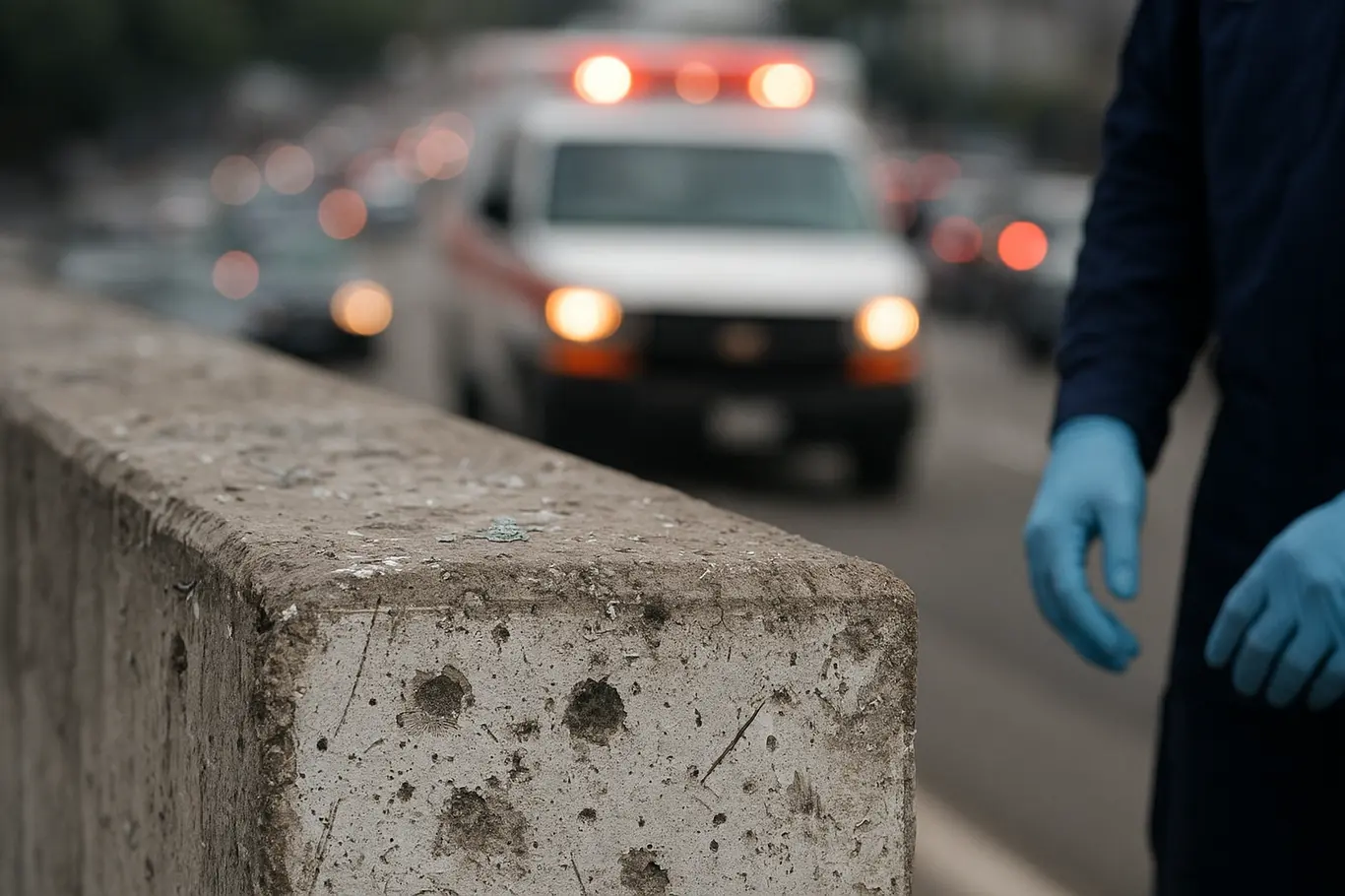 Detalhe da mureta com marcas de impacto, vidro estilhaçado e marcas de pneus na Ponte do Bragueto