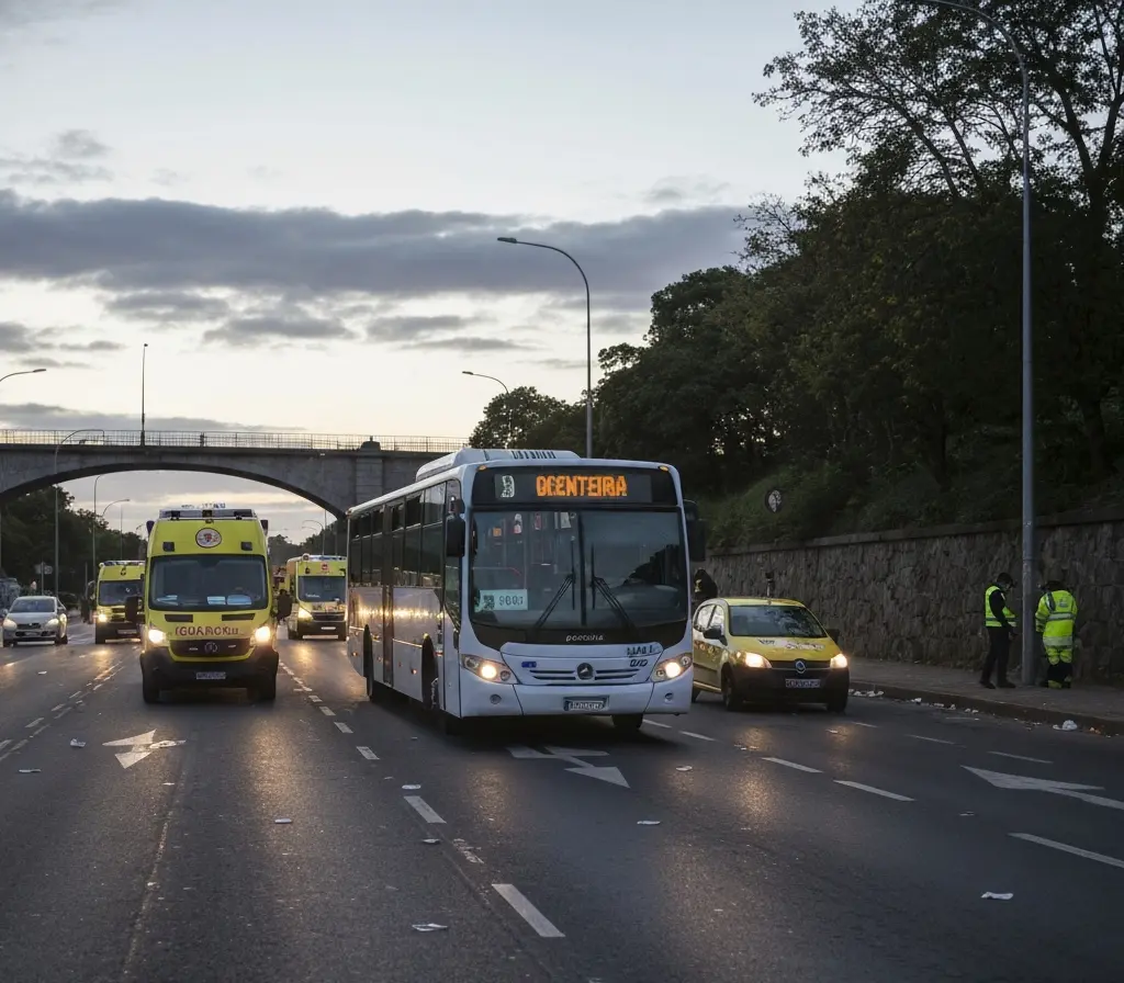 Ônibus perde controle e bate na Ponte do Bragueto; transtorno no DF Ônibus com dianteira amassada encostado na mureta da Ponte do Bragueto, equipes de emergência ao fundo