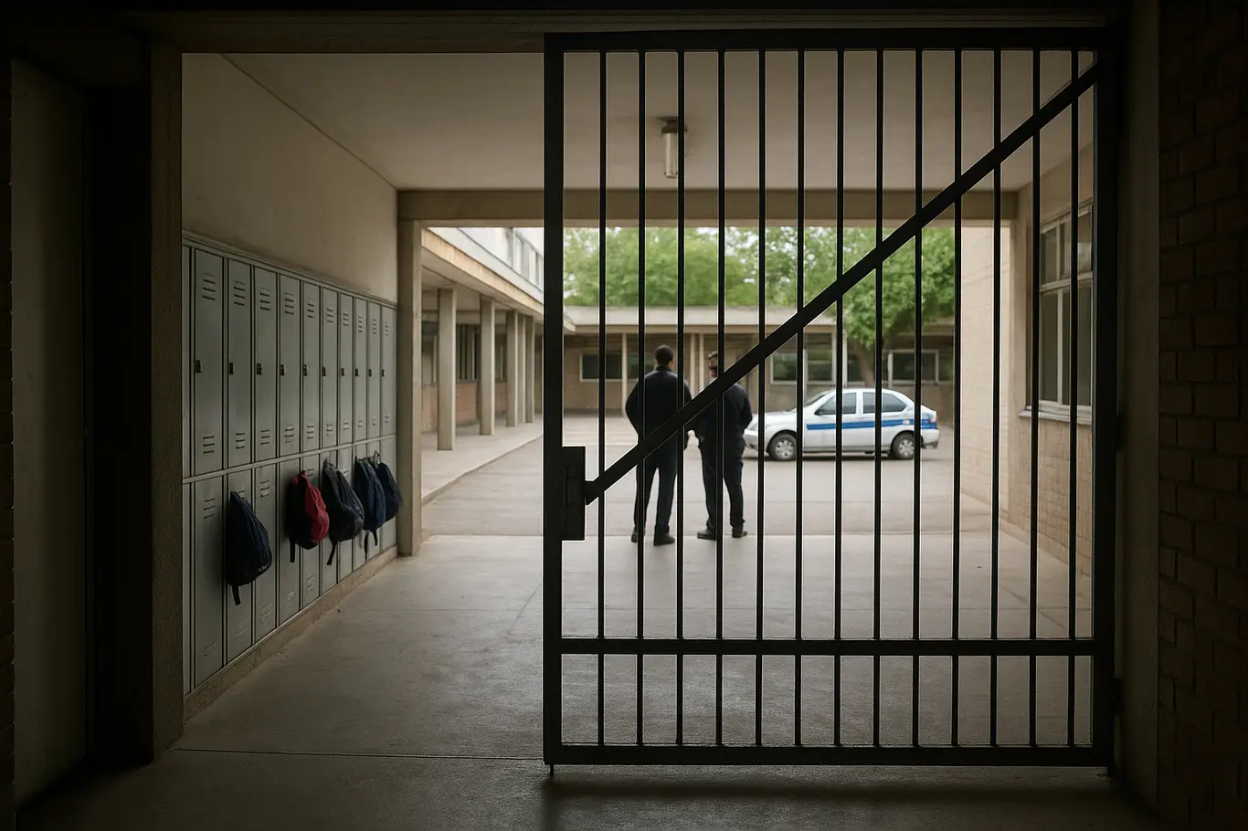 Entrada de escola com portão parcialmente fechado e funcionários de costas conversando