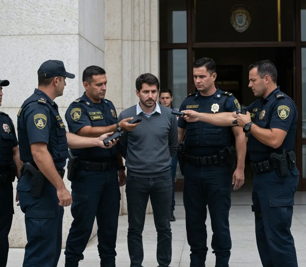 STJ determina prisão de professor do DF e aciona revisão em escolas Professor algemado sendo escoltado por policiais na escadaria de um tribunal visto por trás