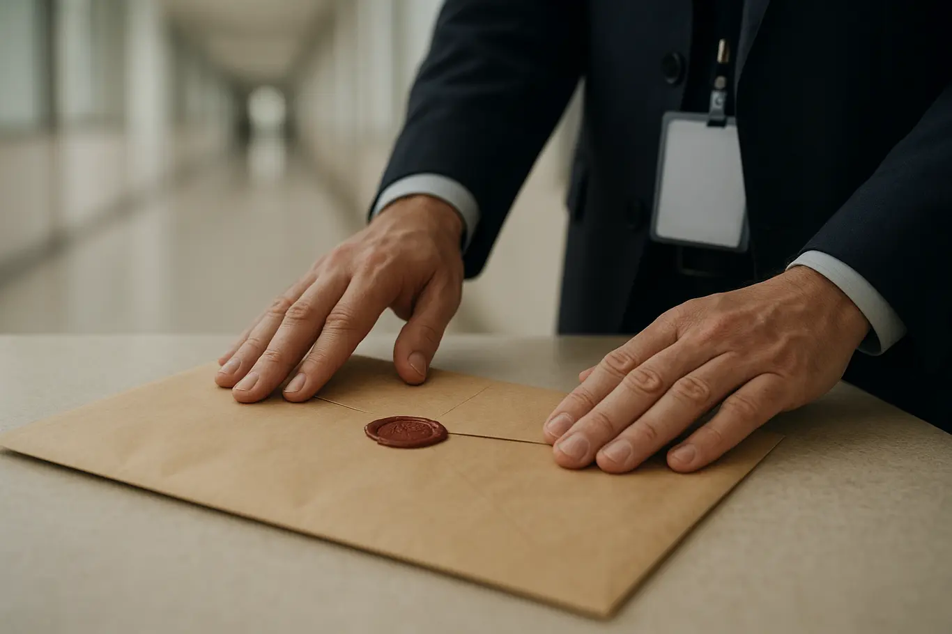 Close-up de mãos colocando envelope pardo sobre balcão, detalhe do papel e selo, crachá desfocado
