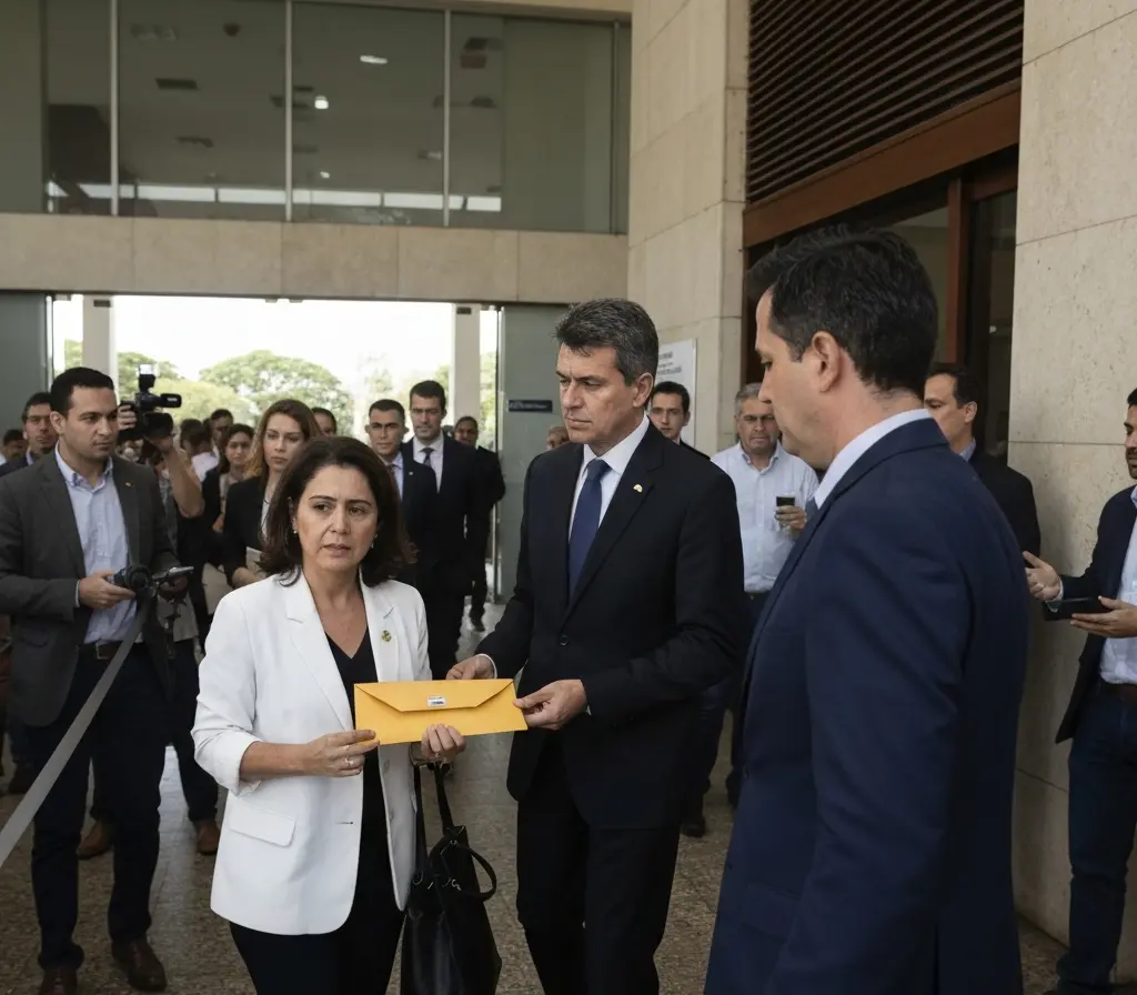Polícia recebe pedido para investigar ong ligada a Dark Horse e preocupa Brasília Grupo de assessores com envelope pardo entrando em prédio público, pessoas de costas e rostos desfocados