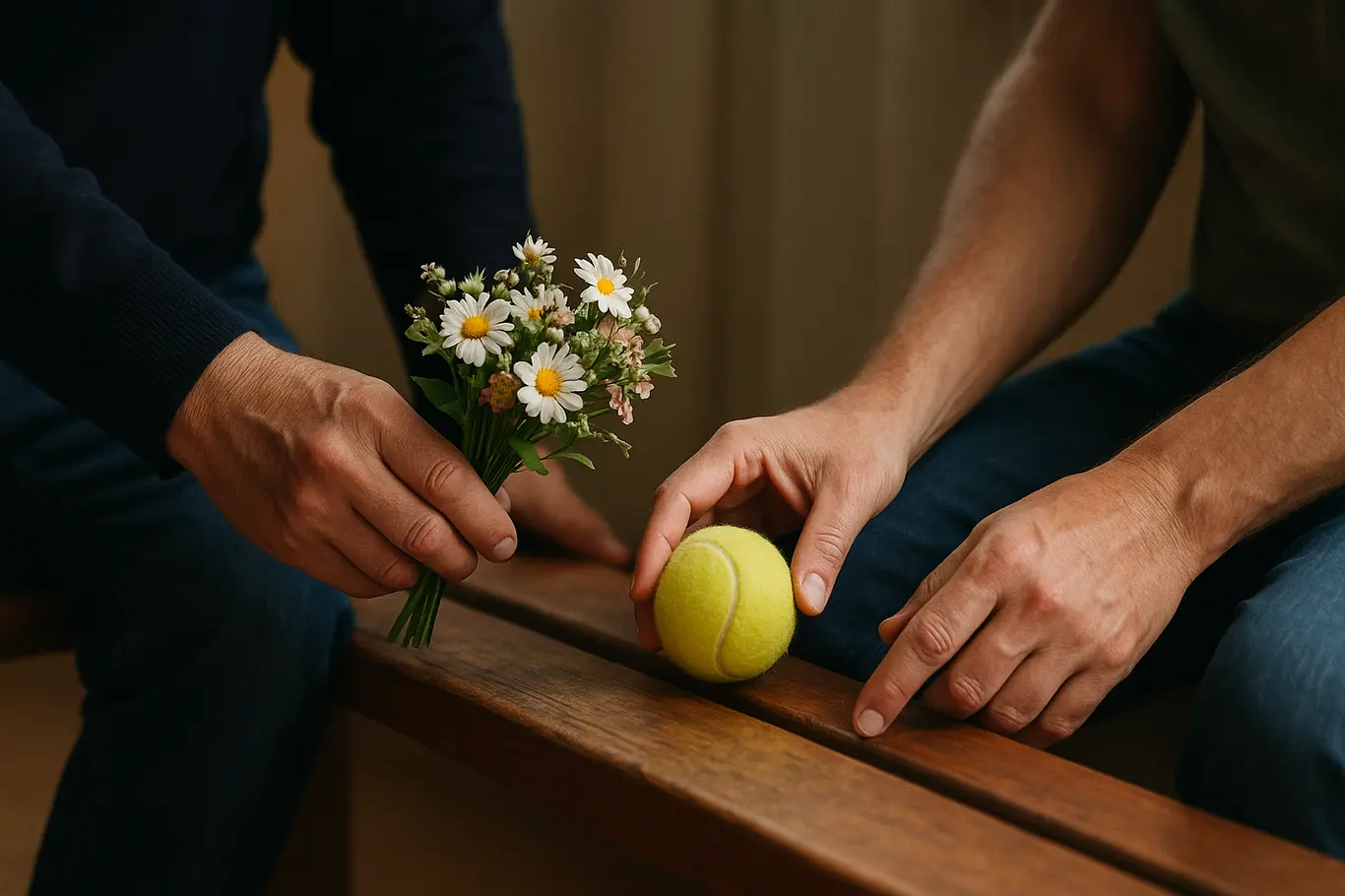 Mãos deixando flores e bola de tênis sobre banco no clube