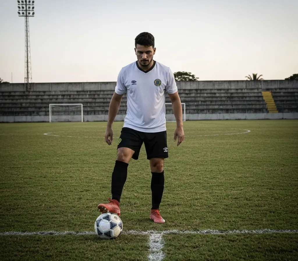 Raízes no Gama e Ocidental de Igor Thiago impulsionam clubes de Brasília Jogador visto de costas com camisa lisa segurando bola em estádio comunitário, remetendo às raízes nos clubes de Brasília.