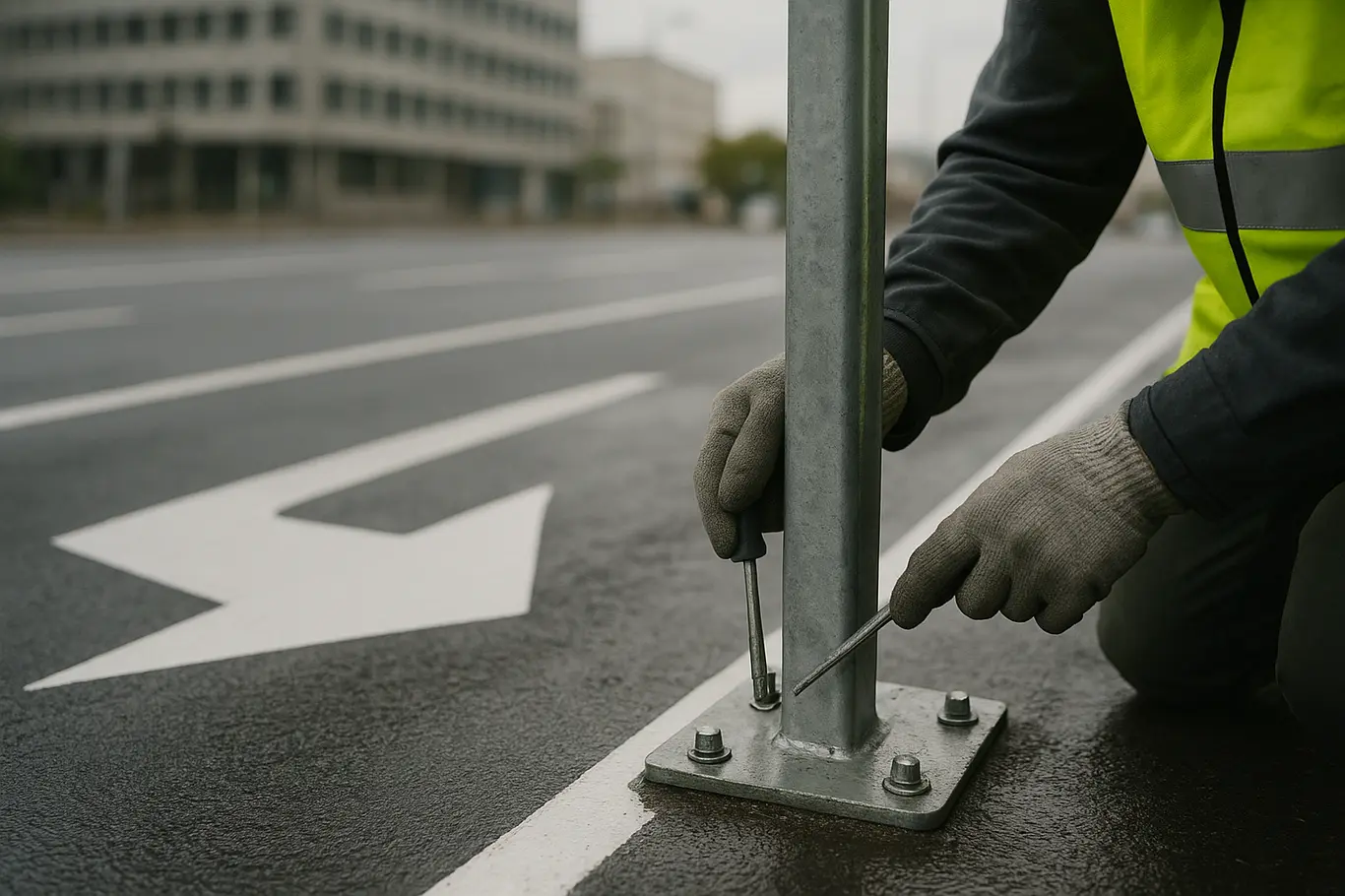 Detalhe da nova sinalização e mão de trabalhador ajustando placa na reforma viária