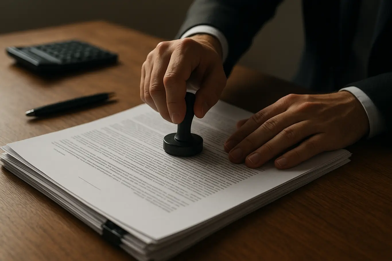 Detalhe de mãos carimbando documentos financeiros sobre mesa de madeira