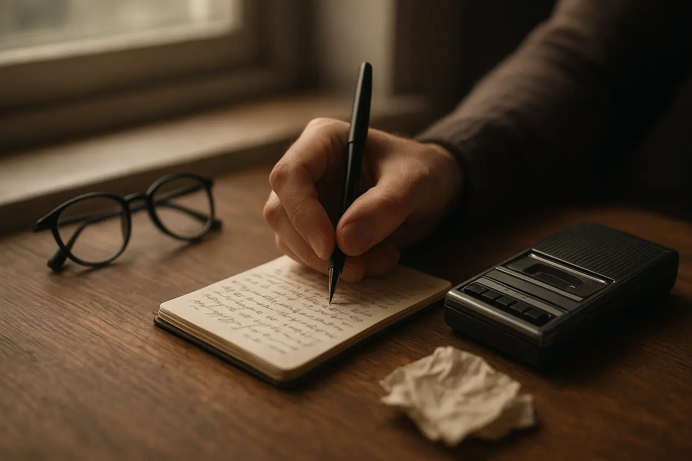 Close-up de mãos escrevendo em caderno sobre mesa com óculos e gravador ao lado