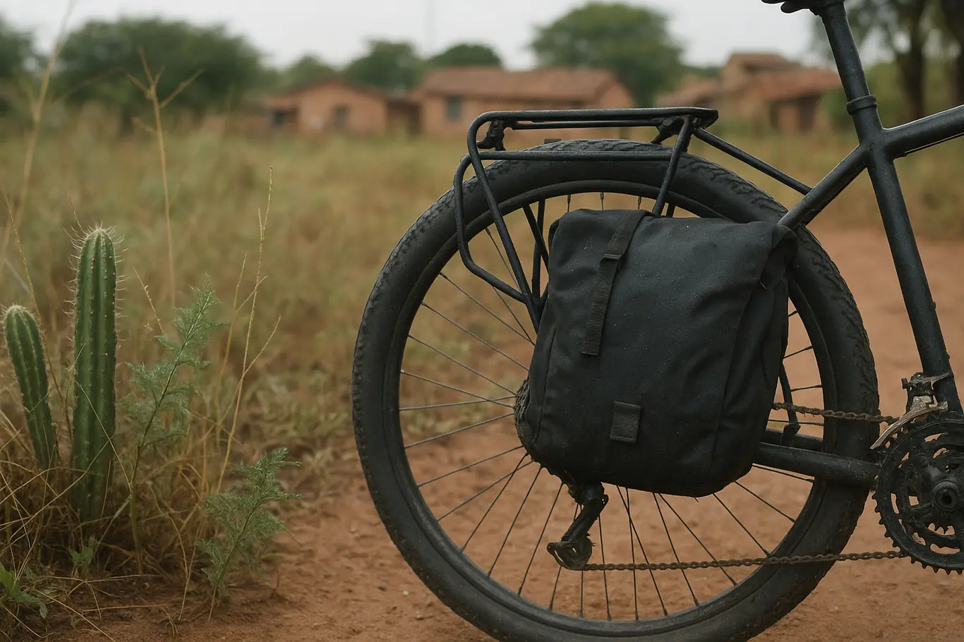 Close-up de roda traseira e bagageiro de bicicleta junto à vegetação do cerrado