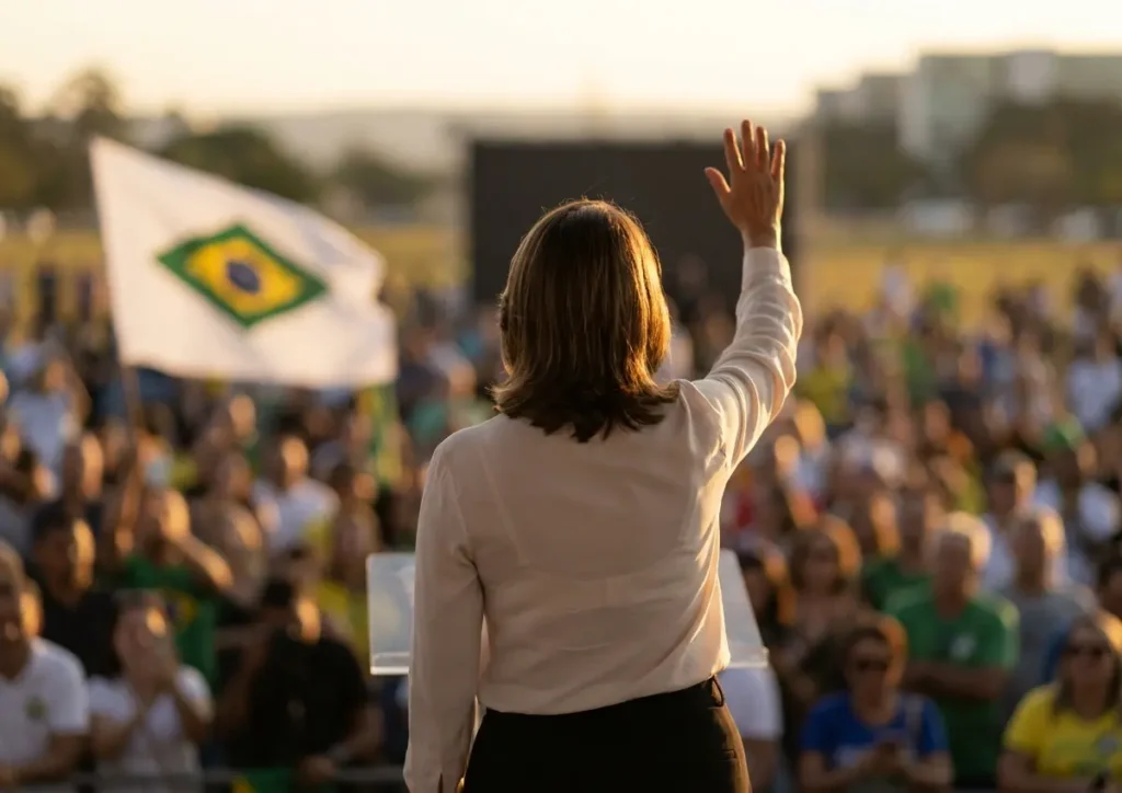 Visão de costas de uma mulher no palanque com mão erguida e público desfocado ao fundo durante lançamento de pré-candidatura