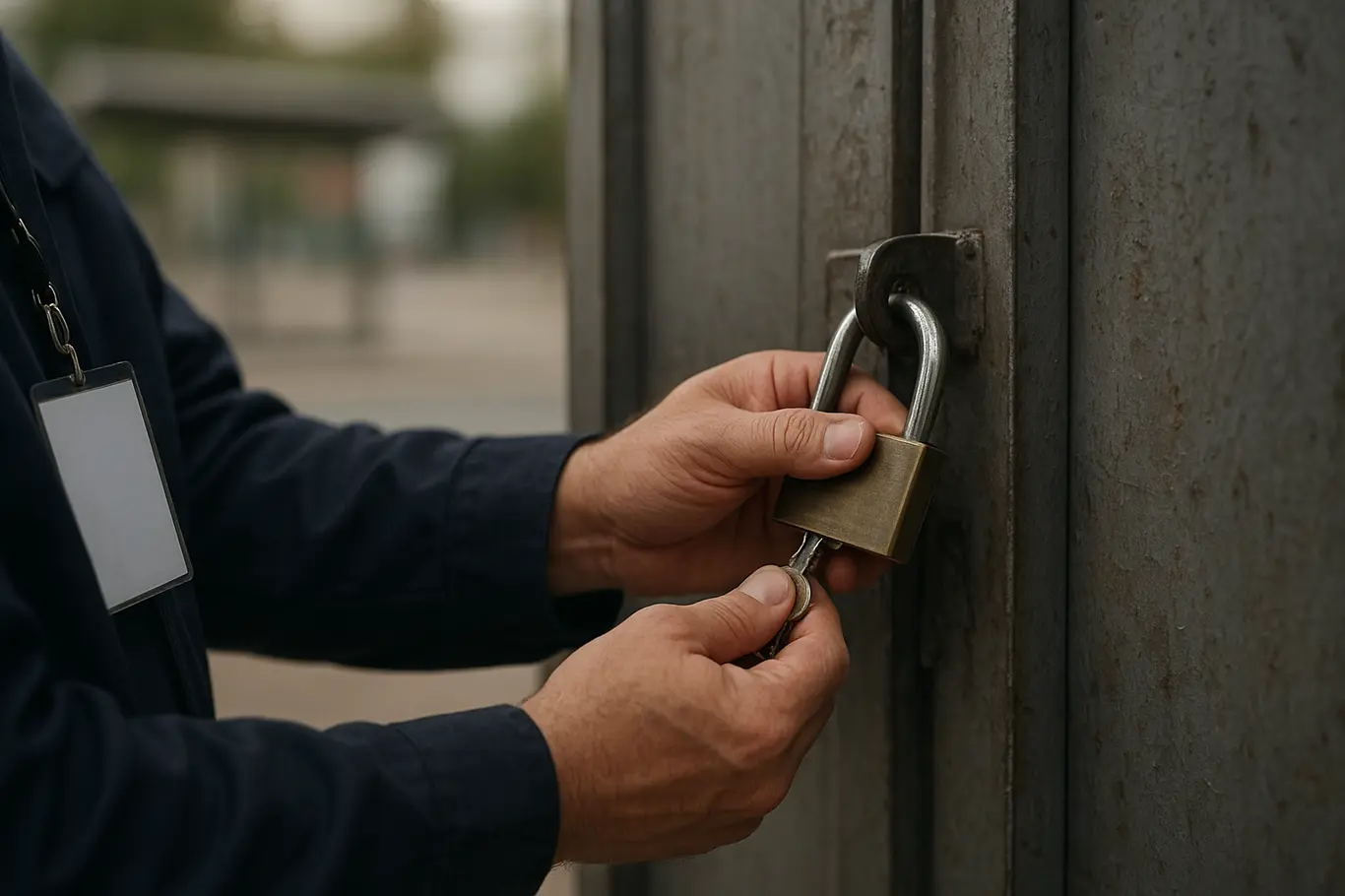 Mãos de funcionário trancando porta metálica de repartição pública, cadeado e ponto de ônibus vazio ao fundo