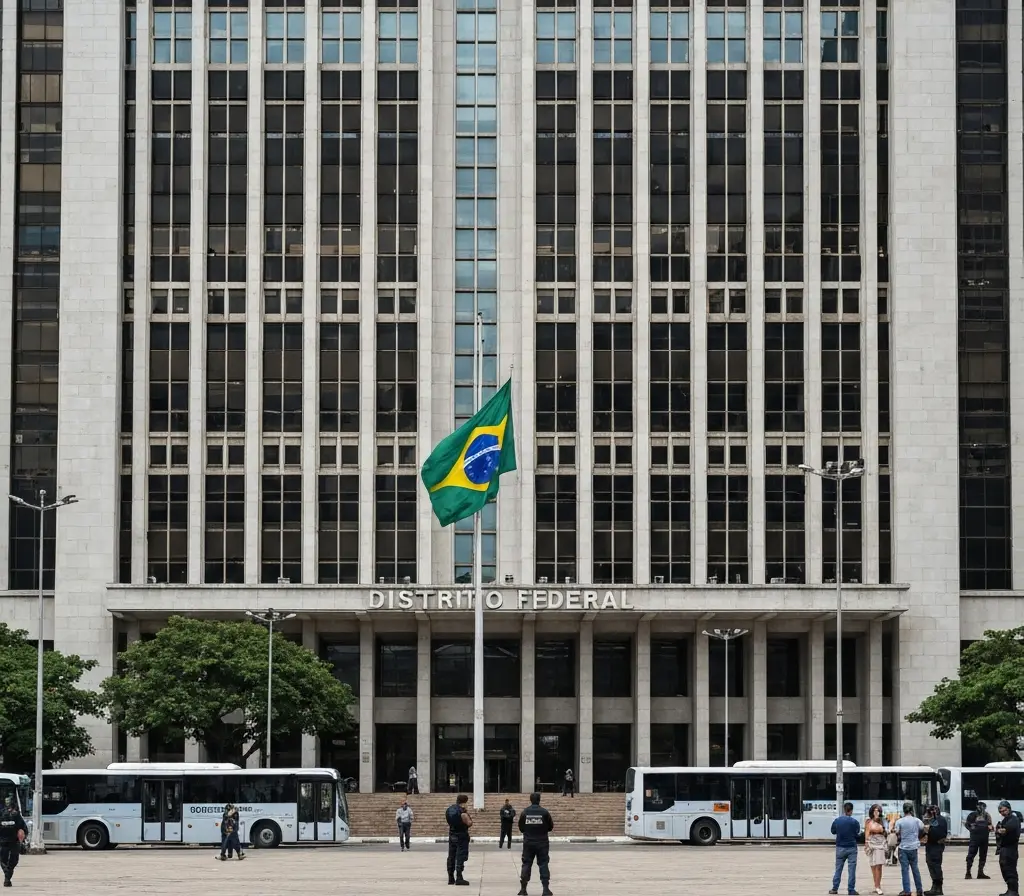 Serviço público será suspenso três horas antes de Brasil x Escócia no DF Praça em frente a prédio público do DF com bandeira e segurança, movimento reduzido antes do jogo