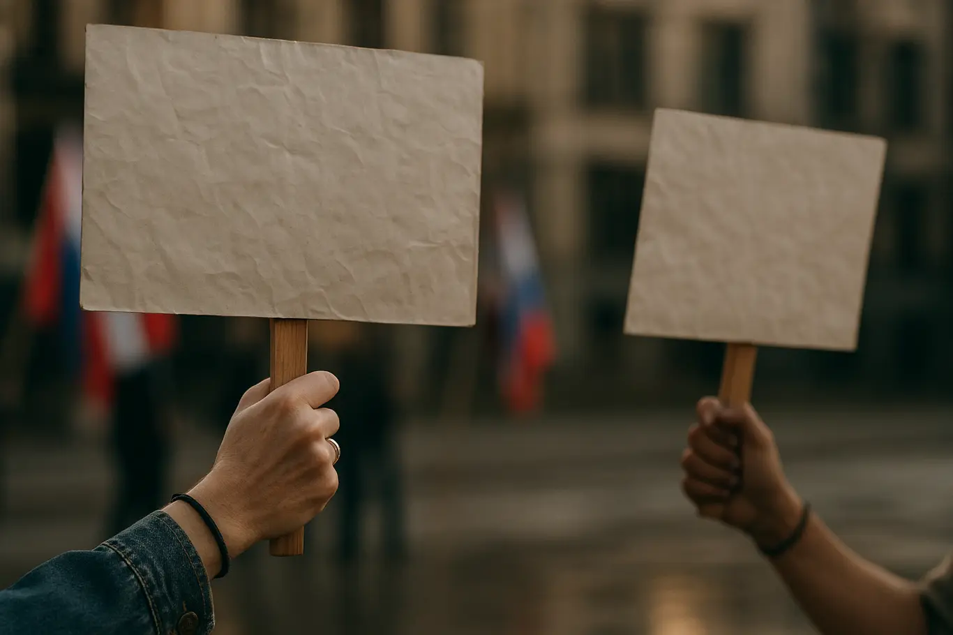 Close-up de mãos segurando cartazes sem texto durante protesto de servidores do DF