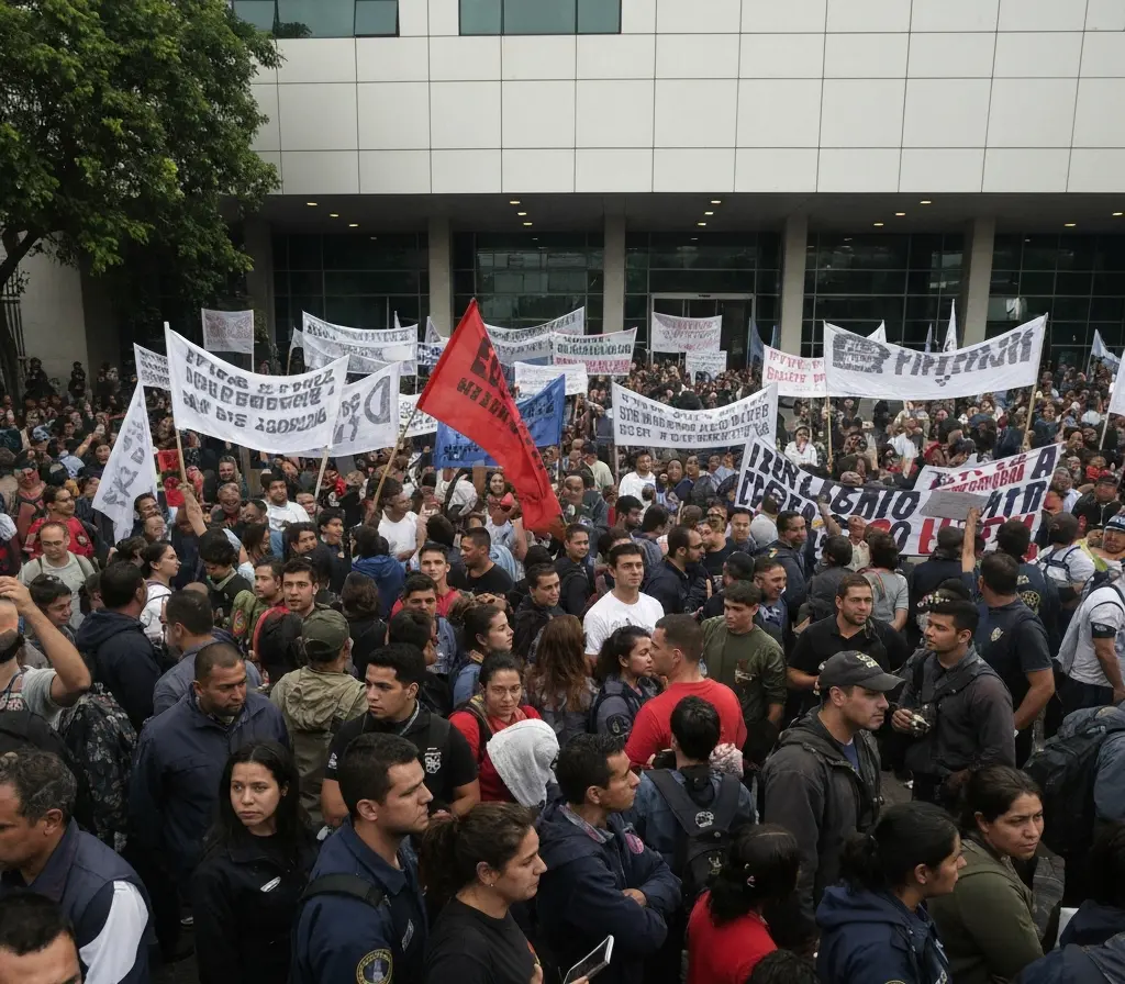 Servidores do DF protestam contra acordo que salva BRB e pode afetar serviços Multidão de servidores do DF protestando em frente a prédio público, rostos não identificáveis