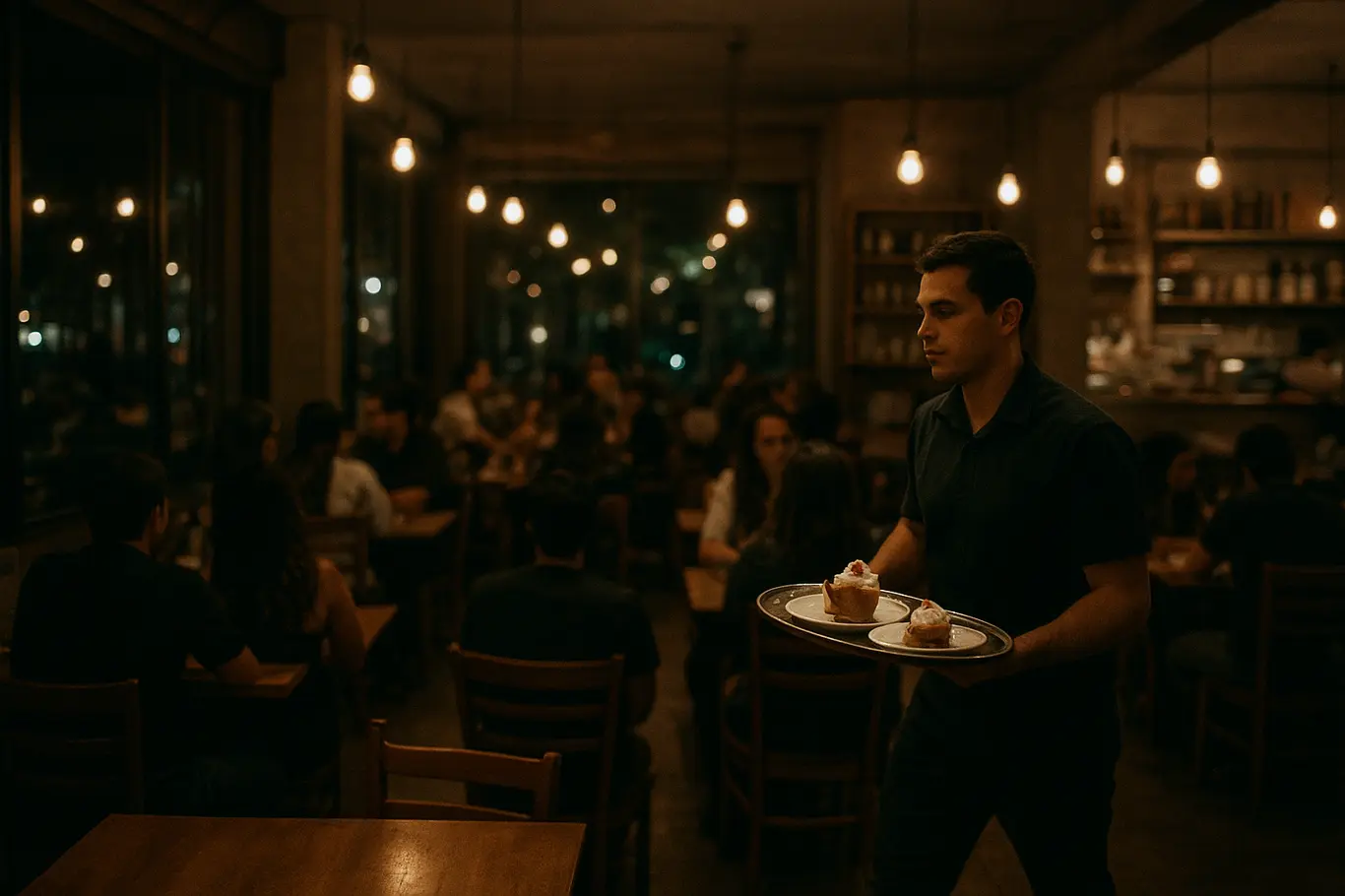 Salão da pizzaria com garçom servindo sobremesas e mesas ocupadas