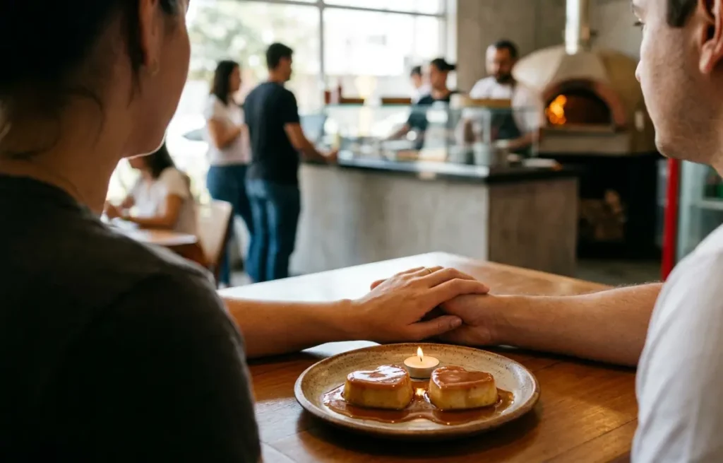Casal anônimo compartilhando sobremesa em mesa de pizzaria