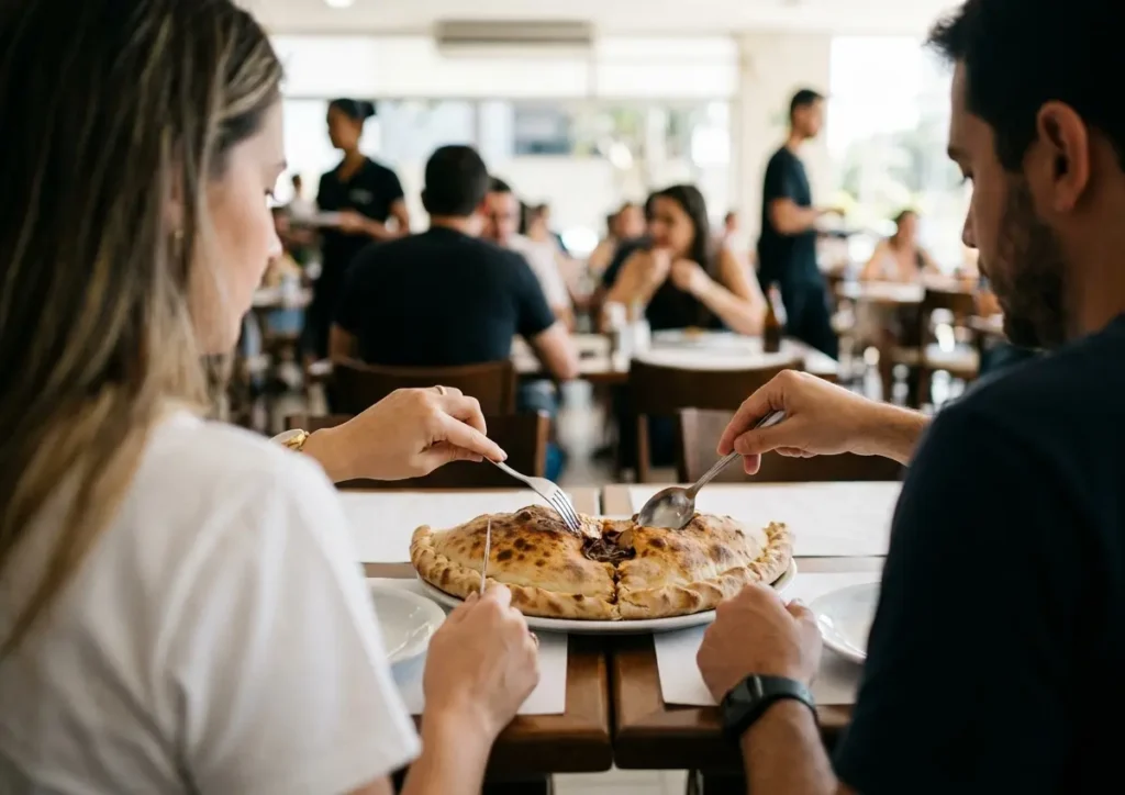 Casal de costas compartilhando a sobremesa Sonhare em mesa de pizzaria em Brasília