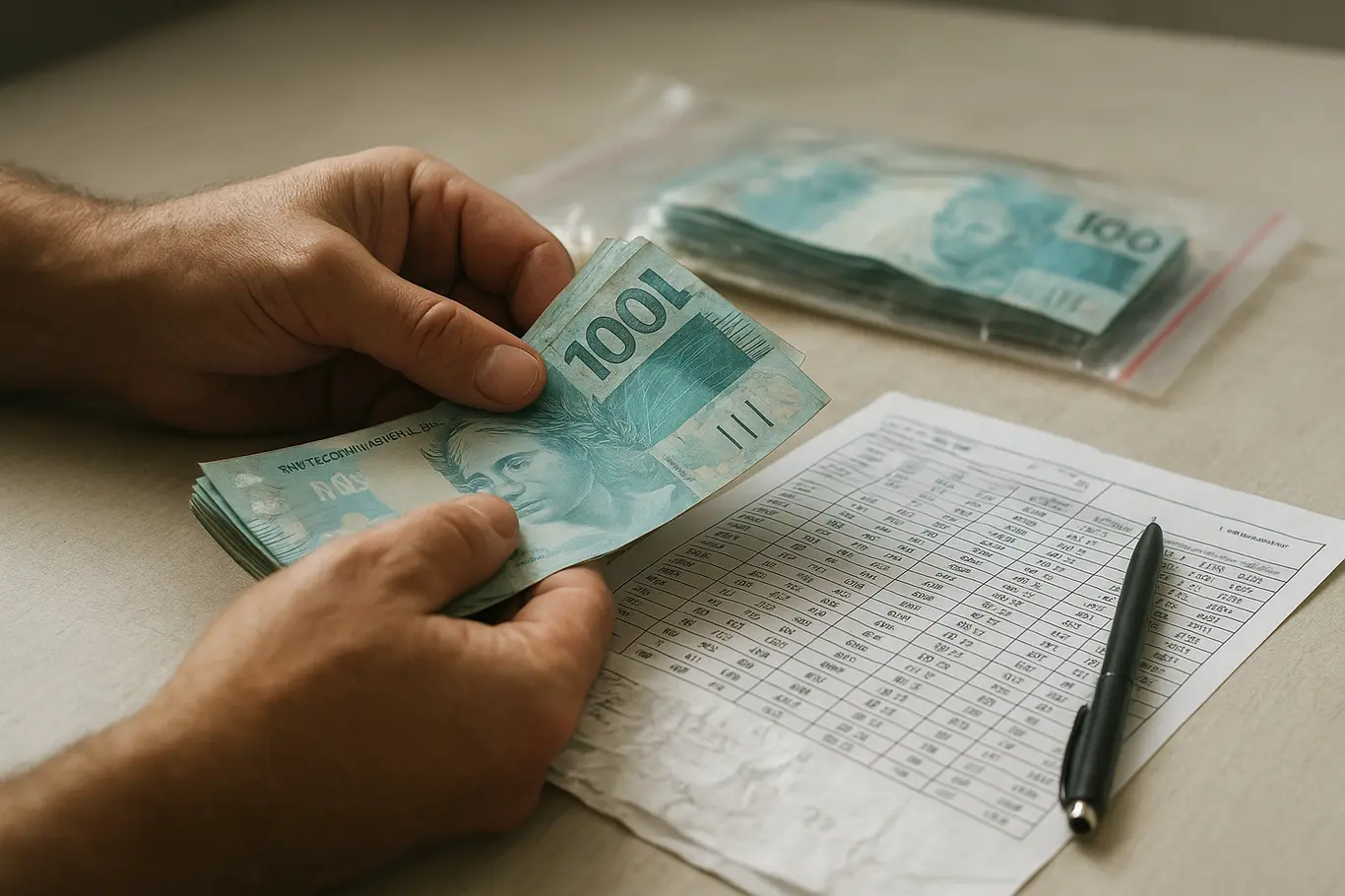 Mãos contando notas sobre recibos de apostas e bolsa de evidência transparente