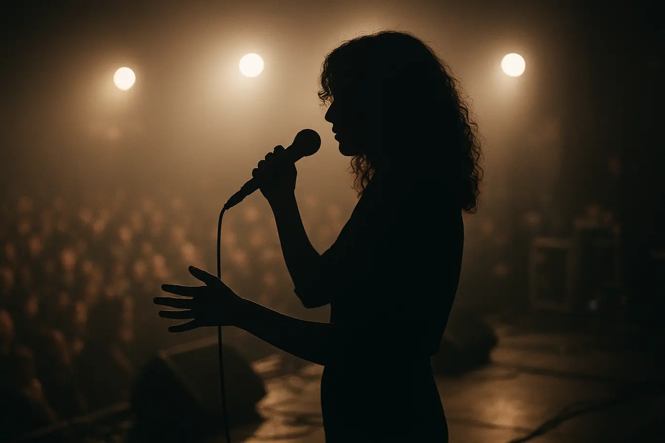 Silhueta lateral da cantora no palco com público desfocado e luzes de show ao fundo