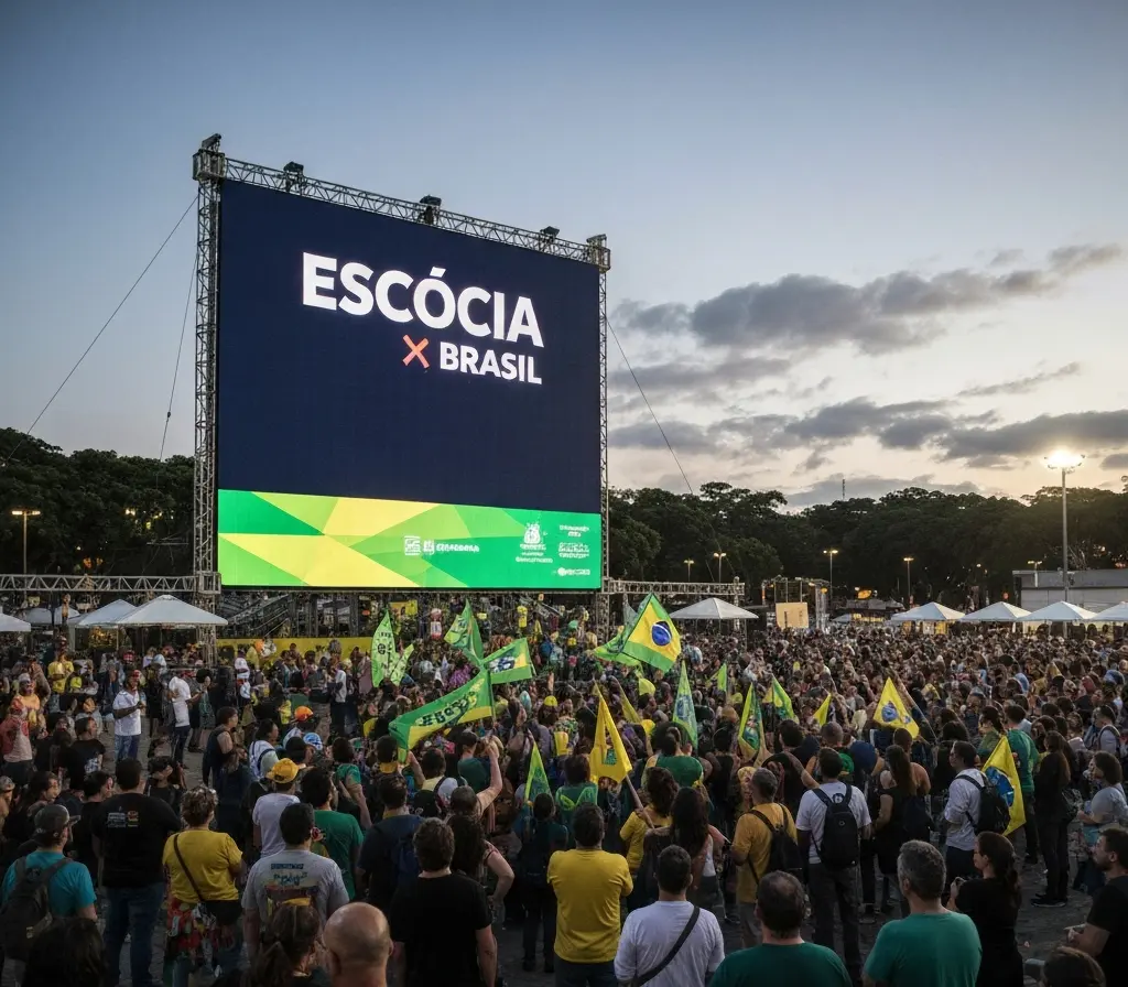 Na Seis transmite Escócia x Brasil em telão e atrai torcida na Asa Norte Multidão de costas diante de telão gigante transmitindo partida entre Escócia e Brasil na Asa Norte