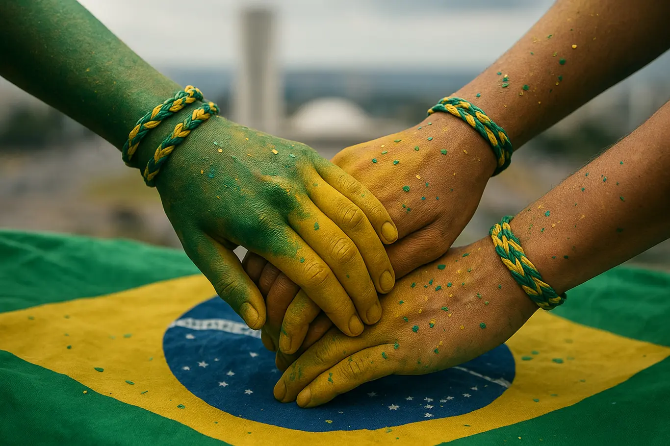 Detalhe das mãos pintadas de torcedores com confete e tecido de bandeira ao fundo desfocado