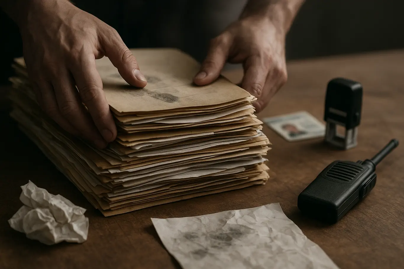 Mãos empilhando pastas de investigação sobre mesa com rádio e cartão borrado ao fundo