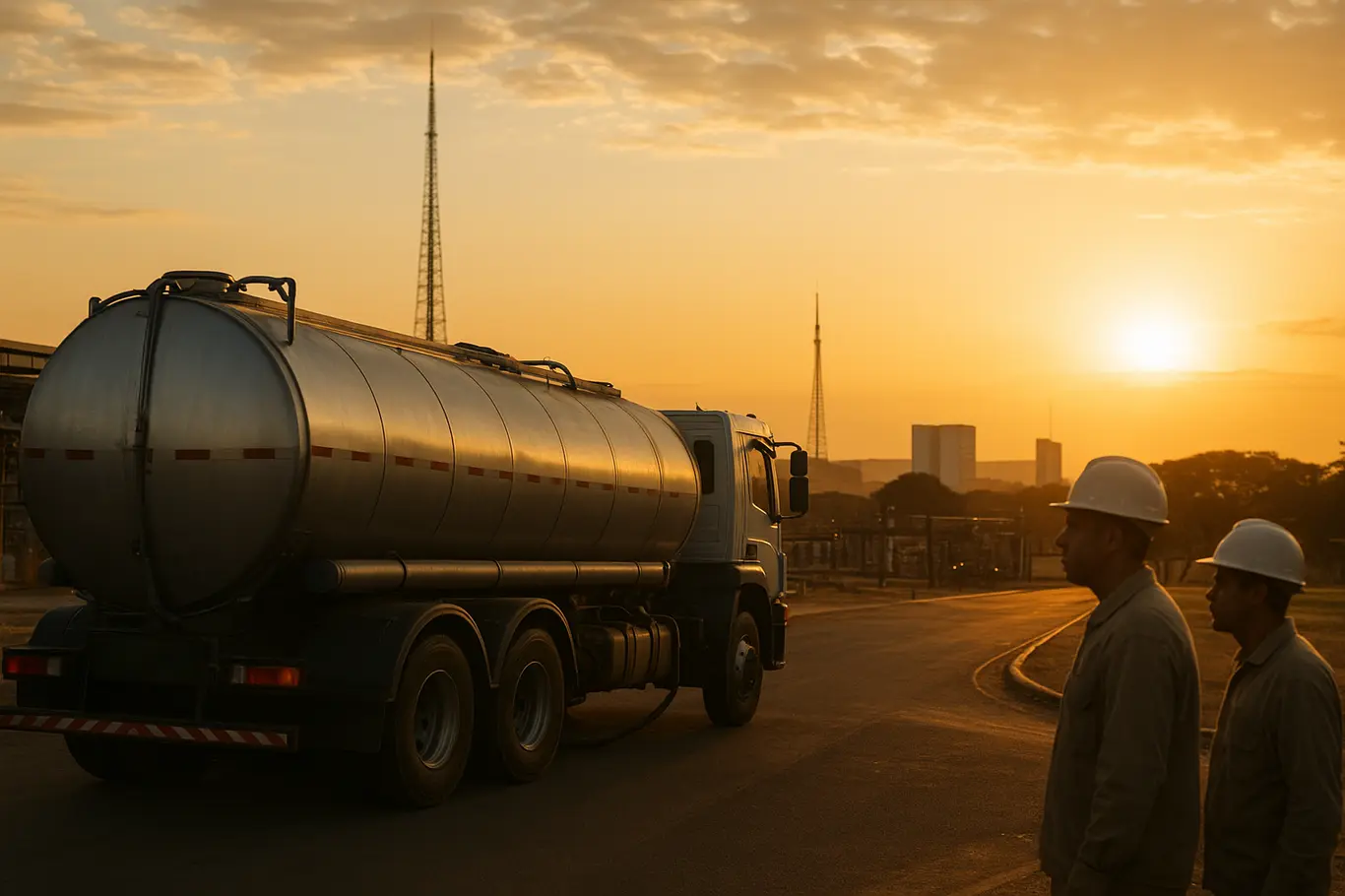 Caminhão-tanque em terminal de combustíveis nos arredores de Brasília com a silhueta da cidade ao fundo