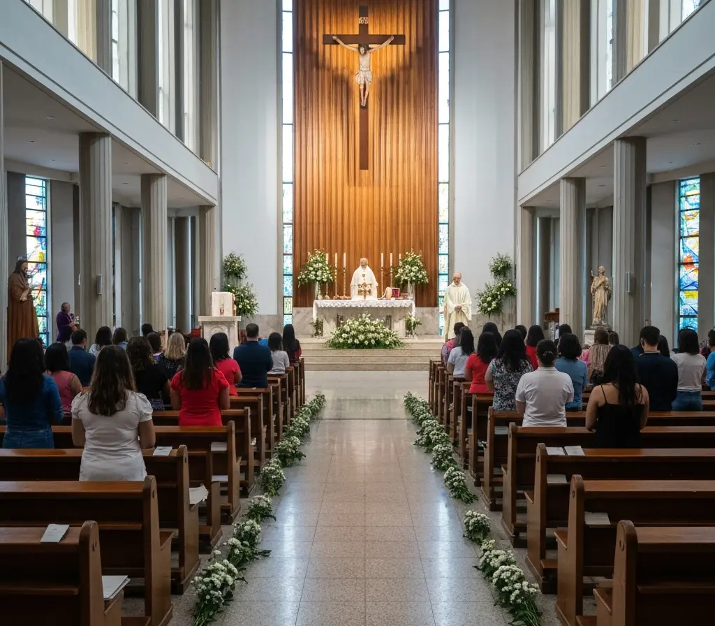 Último adeus a Vovô Anésio mobiliza emoções e debate sobre luto em Brasília Igreja com caixão e fiéis de costas durante missa de corpo presente em Brasília